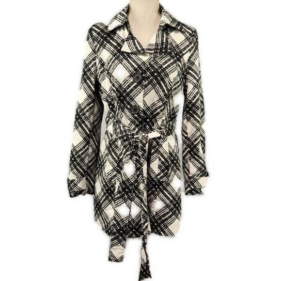 Luii Trench Coat Jacket Womens Size Medium Black White Belted Button Up Light - Picture 1 of 9